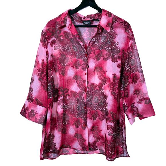 Sheer Top Paisley Red Pink 3/4 Sleeve Button Collar 14 16 W George Retro - Picture 1 of 13